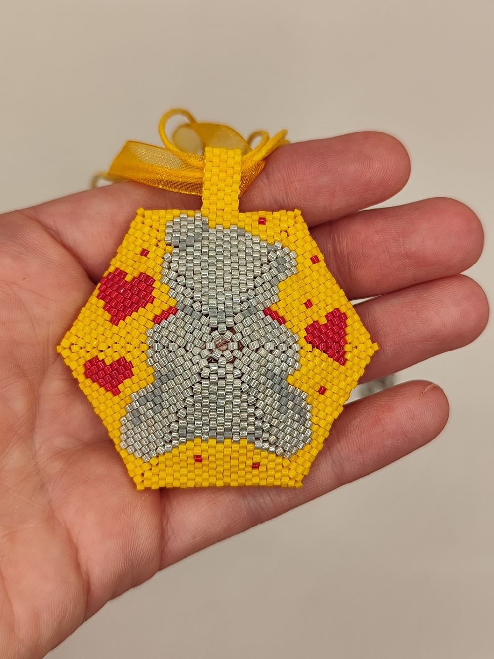 Handmade Beaded  Bear Pendant in Yellow & Red - Picture 3 of 13